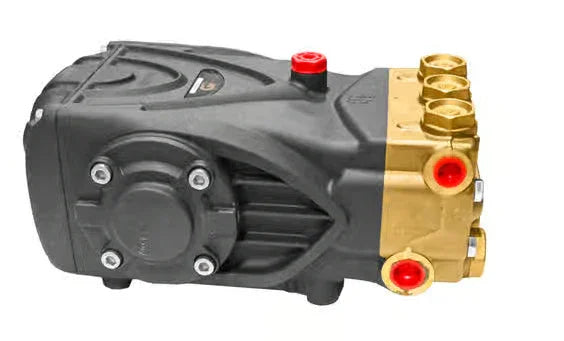 High-pressure softwash pump with brass fittings and red caps for professional cleaning equipment