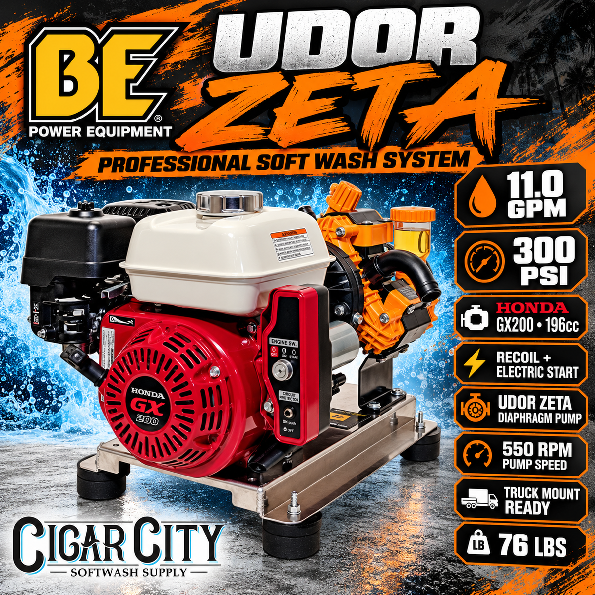 BE Power Equipment Udor Zeta 11 GPM 300 PSI Gas Soft Wash System – Honda GX200 Electric Start