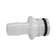 White plastic softwash quick connect fitting with black O-ring seal for pressure washing systems