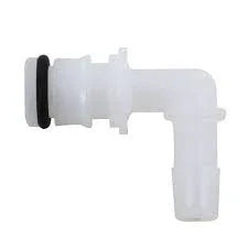 White plastic L-shaped softwash fitting with black O-ring seal for pressure washing systems