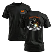 Black Dominator Fabrication T-shirt with welder graphic, 'Never Rush Art' slogan, and 'Always Wait on Jerry' text.