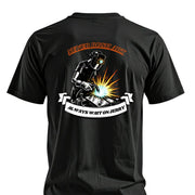 Black T-shirt with welder graphic, 'Never Rush Art' and 'Always Wait on Jerry' text