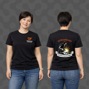 Black t-shirt with Dominator Fabrication logo front and welding graphic back, worn by woman