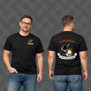 Black Dominator Fabrication t-shirt with welding graphic, 'Never Rush Art' slogan, and 'Always Wait on Jerry' back design