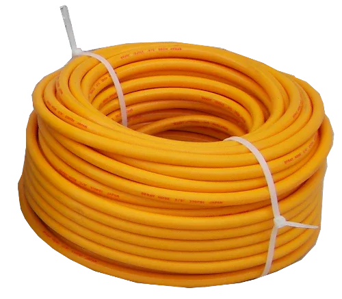 Coiled yellow softwash hose for pressure washing equipment, secured with white ties