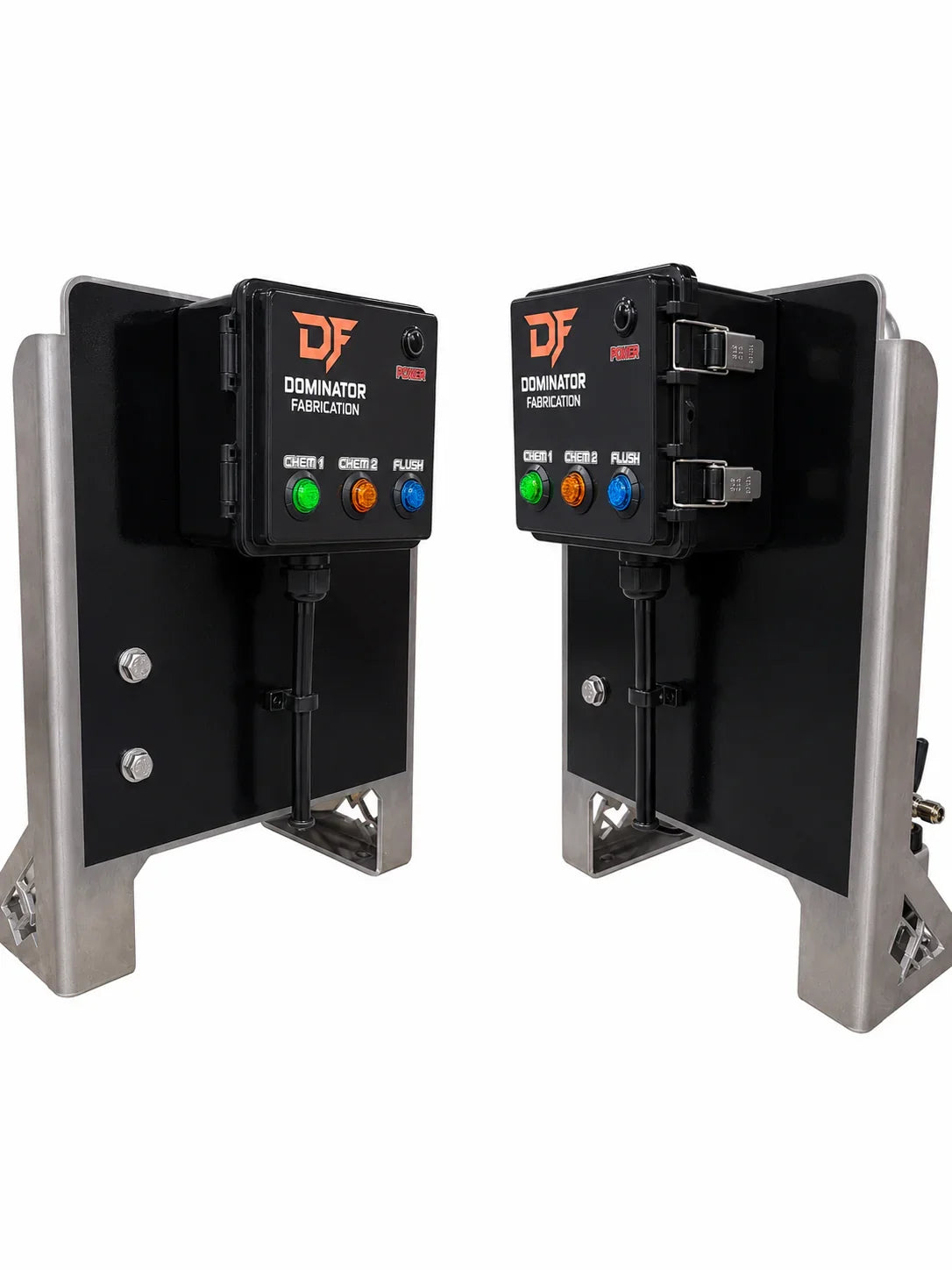 Dominator Fabrication softwash chemical control panels with color-coded buttons for Chem 1, Chem 2, and Flush