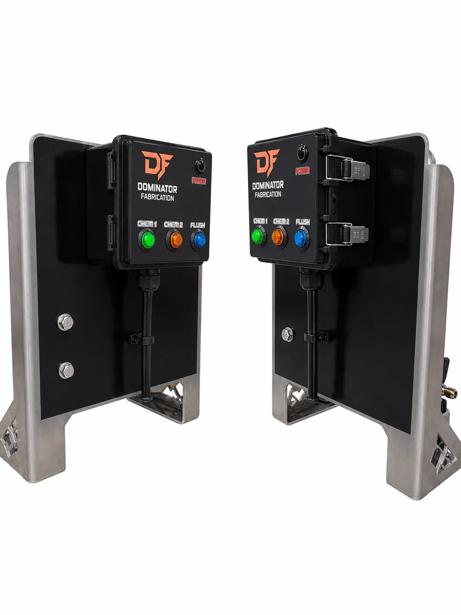 Dominator Fabrication softwash chemical control panels with color-coded buttons for Chem 1, Chem 2, and Flush
