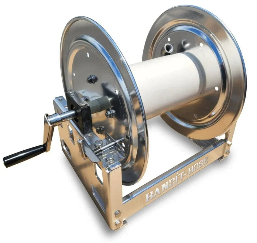 Stainless steel hose reel with manual crank for softwash cleaning equipment