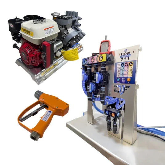 Softwash equipment with pressure washer, control panel, and spray gun for professional cleaning solutions