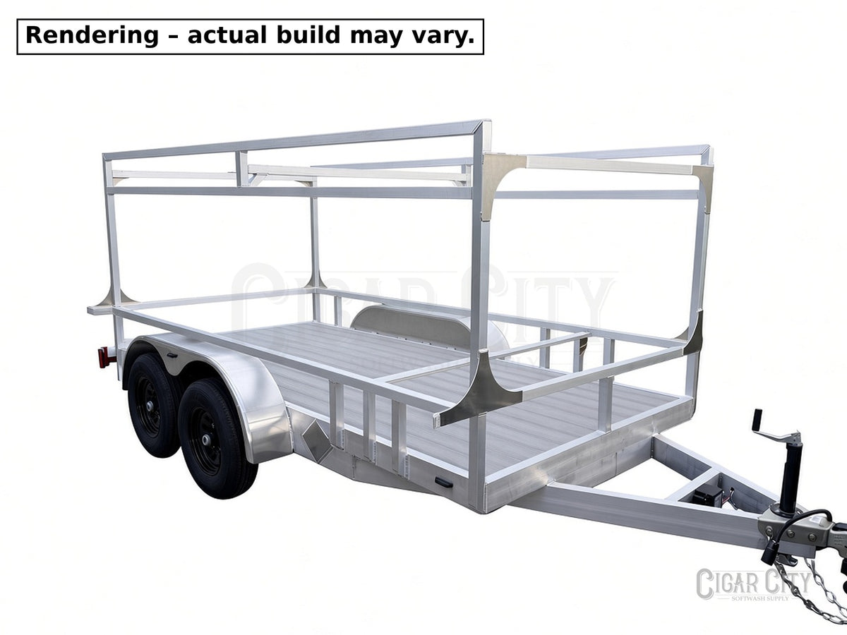 Dominator Fabrication 6x14 aluminum tandem axle open trailer, no ramp – Rendering – actual build may vary