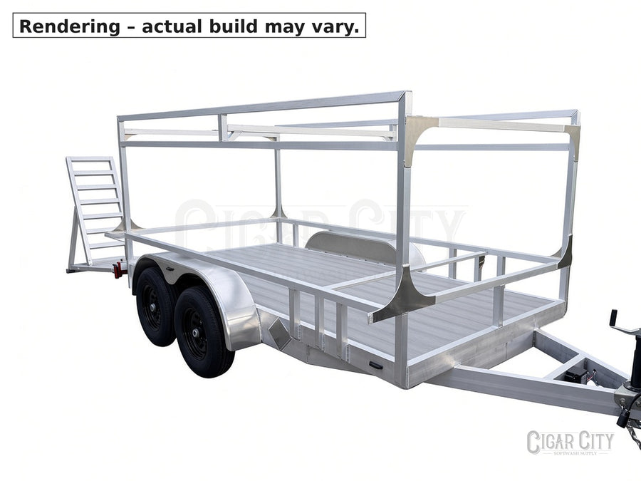 Dominator Fabrication 6x14 aluminum tandem axle utility trailer with ramp – Rendering – actual build may vary