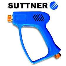 Blue Suttner softwash spray gun with orange nozzle for pressure washing equipment