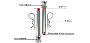 Heat-treated softwash pins with R-clips, 5/8" size, electroless nickel undercoat, sold in pairs