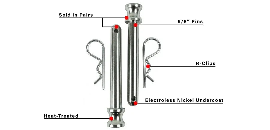 Heat-treated softwash pins with R-clips, 5/8" size, electroless nickel undercoat, sold in pairs