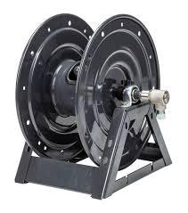 Heavy-duty softwash hose reel with sturdy metal frame for professional cleaning equipment