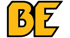 Bold yellow BE logo with black outline, stylized block letters