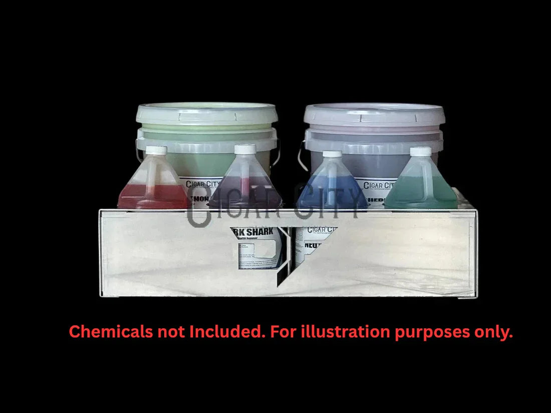 Softwash chemical storage kit with labeled jugs and buckets for professional cleaning solutions