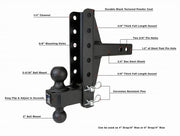 Heavy-duty adjustable trailer hitch with dual ball mounts, powder coat finish, and corrosion-resistant pins for softwash equipment