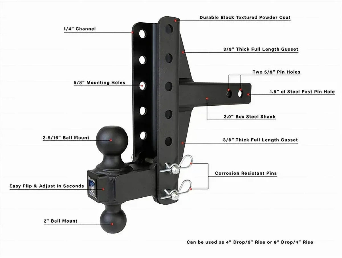 Heavy-duty adjustable trailer hitch with dual ball mounts, powder coat finish, and corrosion-resistant pins for softwash equipment