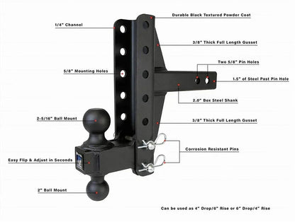 2.0″ Heavy Duty Offset Hitch – 4″ & 6″ Drop/Rise – Bulletproof Hitches – Adjustable Dual Ball Mount