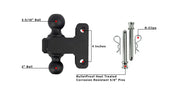 Dual ball hitch with 2" and 2-5/16" balls, 4-inch plate, heat-treated pins, and R-clips for secure towing