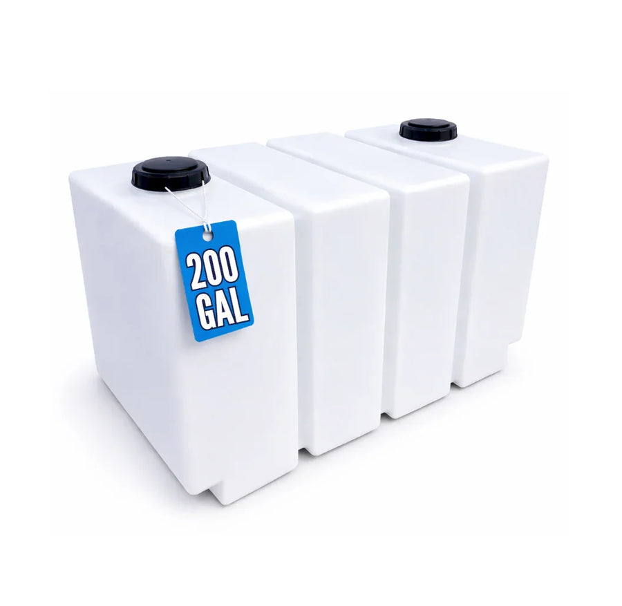 200-gallon white softwash tank with black cap, ideal for professional cleaning equipment