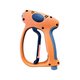 Orange and blue softwash spray gun for professional exterior cleaning equipment