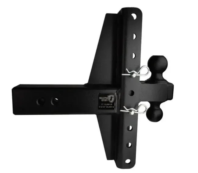 Black heavy-duty hitch mount with dual ball couplers for towing equipment