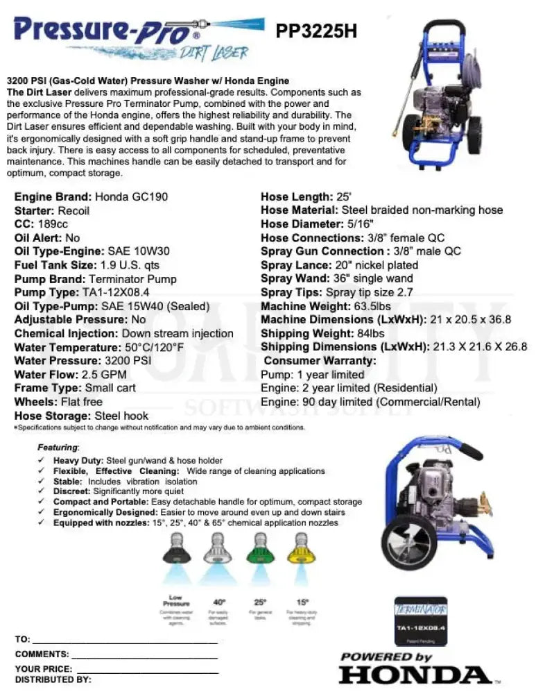 PressurePro Dirt Laser 3200 PSI 2.5 GPM Cold Water Gas Pressure Washer  Cigarcity Softwash.