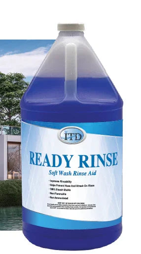 Ready Rinse soft wash rinse aid in blue jug for exterior cleaning solutions