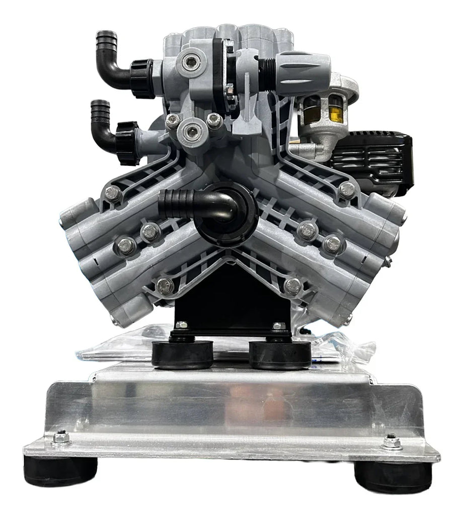 Professional softwash pump system with dual outlets and durable metal base for commercial cleaning