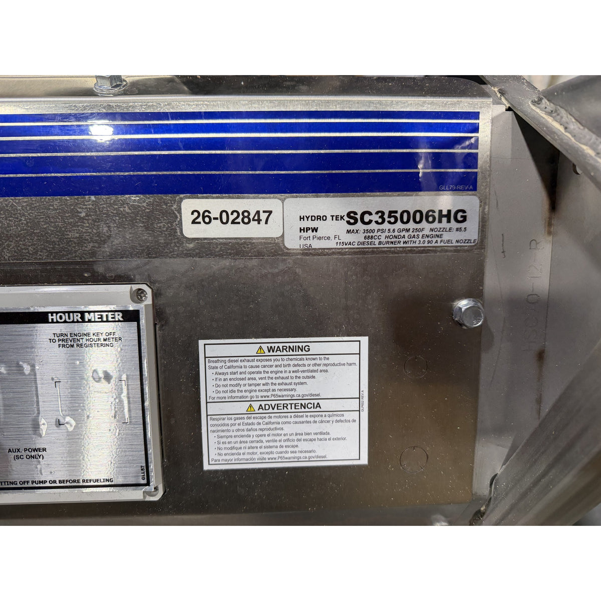Hydro Tek SC35006HG nameplate: 3500 PSI 5.6 GPM 250F