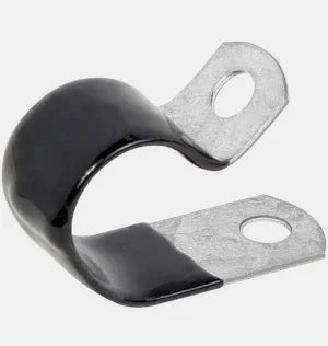 Black coated metal pipe clamp with dual mounting holes for softwash equipment installation
