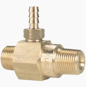 Brass softwash valve with threaded connections and barbed fitting for pressure washing systems
