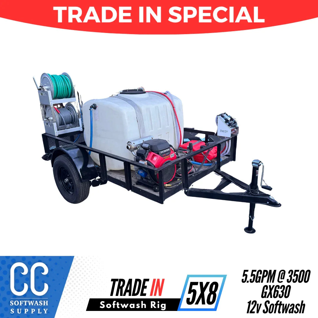5x8 softwash rig with Honda GX630 engine, 5.5GPM pump, and hose reels for professional cleaning